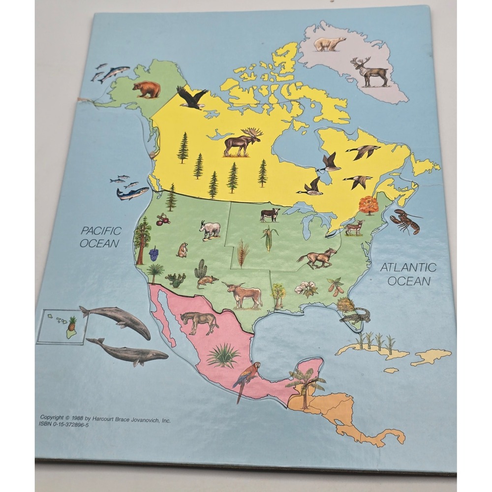 Vintage North America Map Tray Puzzle Kids Blue 1988 Animal Wildlife Geography